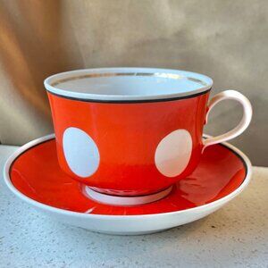 Ternopil Orange & White Polka Dot Teacup & Saucer With Gold Rim Vintage